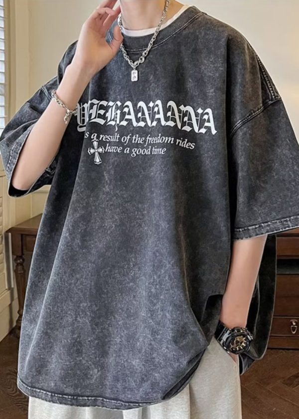 Vintage Black Letter Cotton Men's T Shirts O Neck Half Sleeve - Image 5