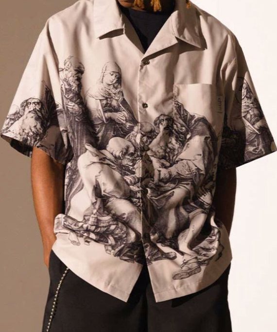 Vintage Black Print Button Cotton Men Shirts Summer