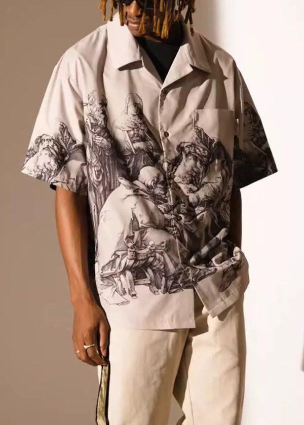 Vintage Black Print Button Cotton Men Shirts Summer - Image 3