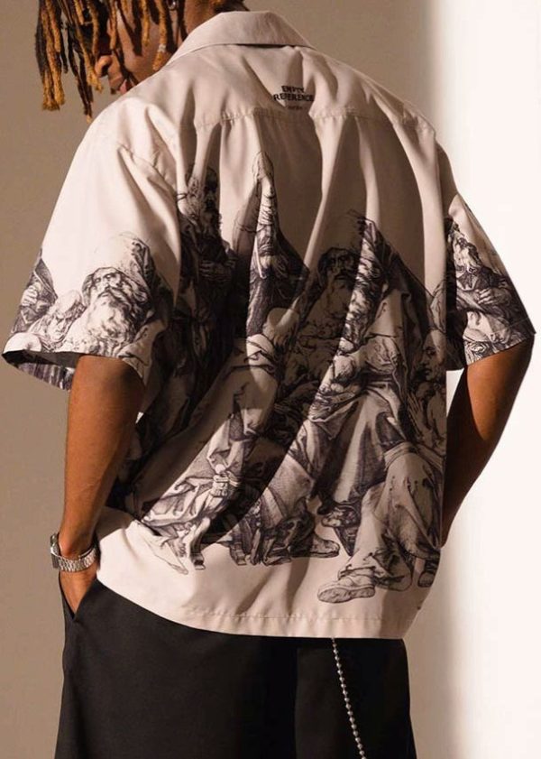 Vintage Black Print Button Cotton Men Shirts Summer - Image 5