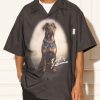 Vintage Black Print Button Cotton Mens Shirts Summer