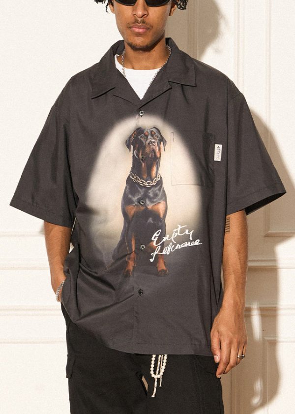 Vintage Black Print Button Cotton Mens Shirts Summer