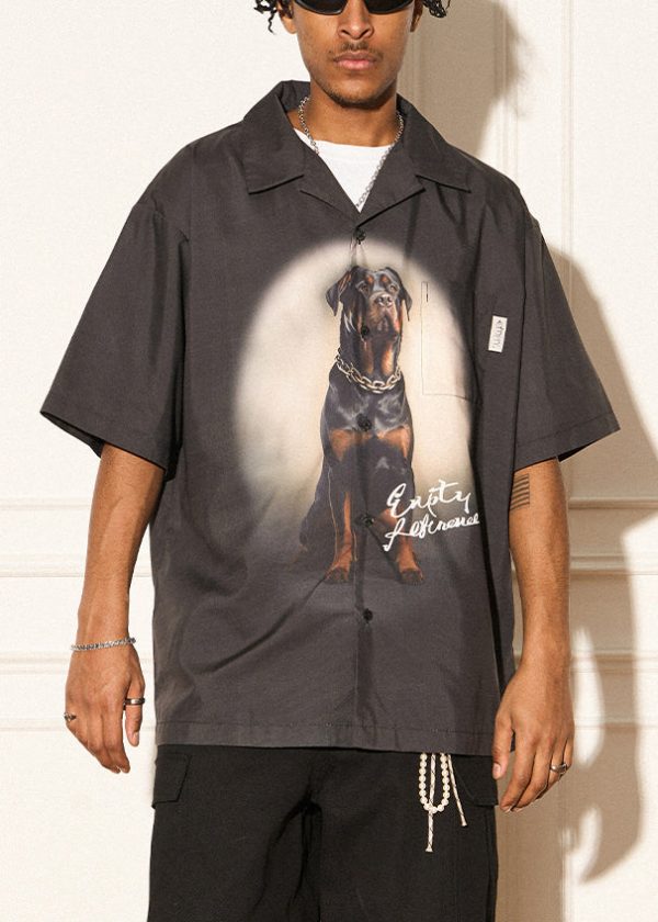 Vintage Black Print Button Cotton Mens Shirts Summer - Image 2