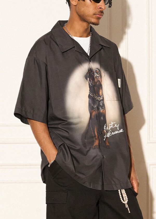 Vintage Black Print Button Cotton Mens Shirts Summer - Image 4