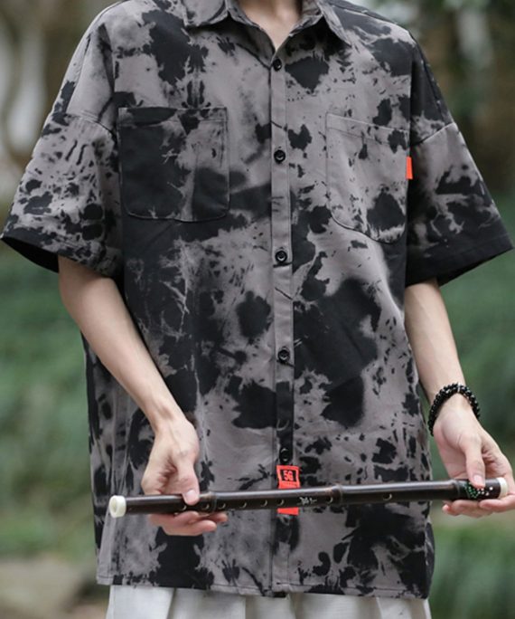 Vintage Black Tie Dye Pockets Ice Silk Men Shirts Summer