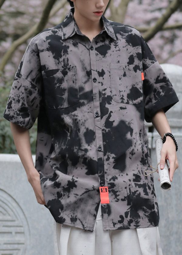 Vintage Black Tie Dye Pockets Ice Silk Men Shirts Summer - Image 2