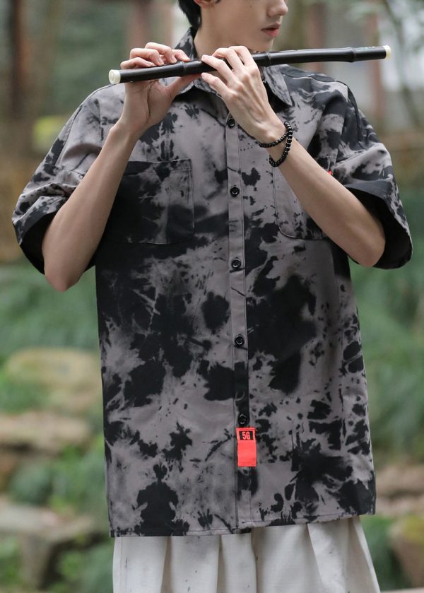 Vintage Black Tie Dye Pockets Ice Silk Men Shirts Summer - Image 3