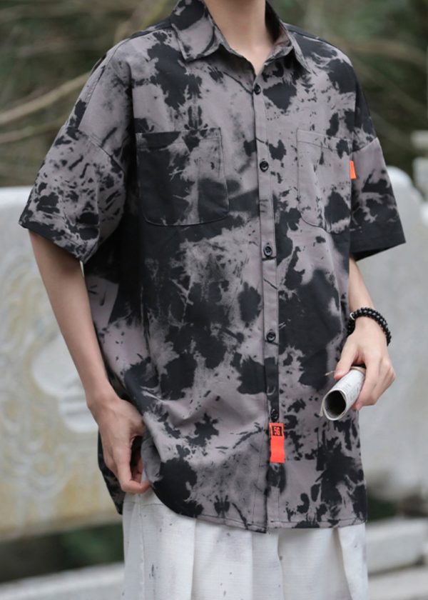 Vintage Black Tie Dye Pockets Ice Silk Men Shirts Summer - Image 4