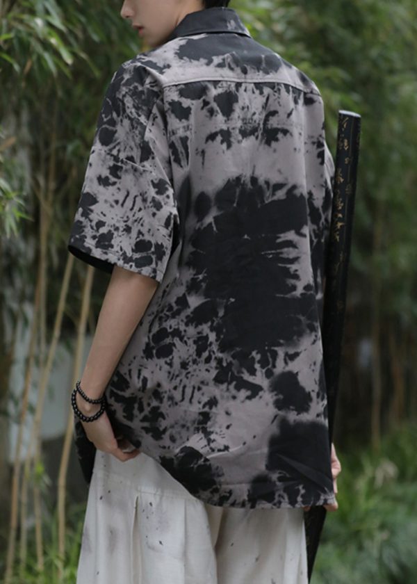Vintage Black Tie Dye Pockets Ice Silk Men Shirts Summer - Image 5
