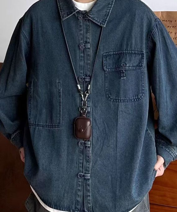 Vintage Blue Button Pockets Oversized Denim Men Coat Spring