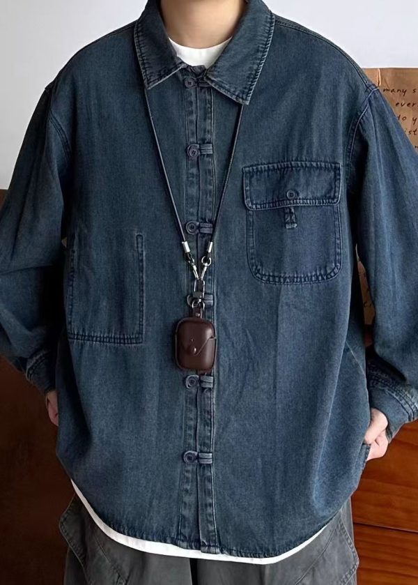Vintage Blue Button Pockets Oversized Denim Men Coat Spring