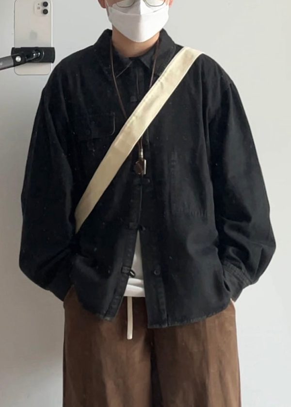 Vintage Blue Button Pockets Oversized Denim Men Coat Spring - Image 2