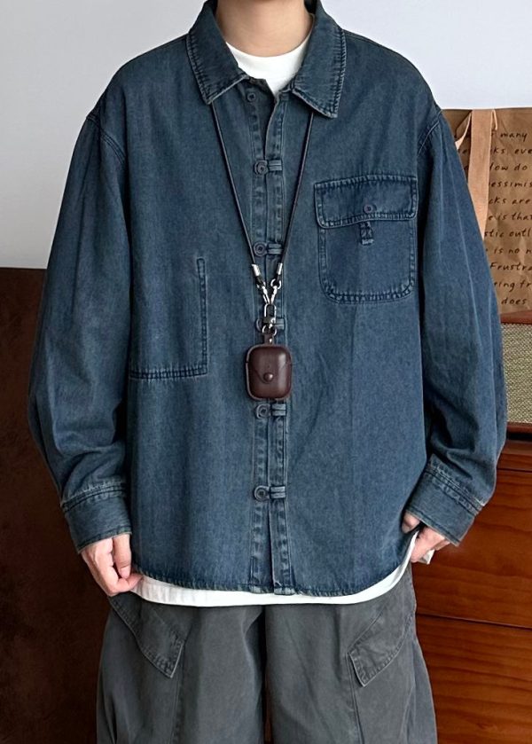 Vintage Blue Button Pockets Oversized Denim Men Coat Spring - Image 3