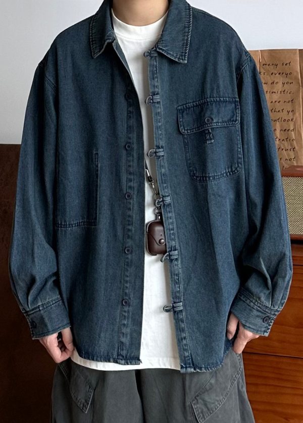 Vintage Blue Button Pockets Oversized Denim Men Coat Spring - Image 4