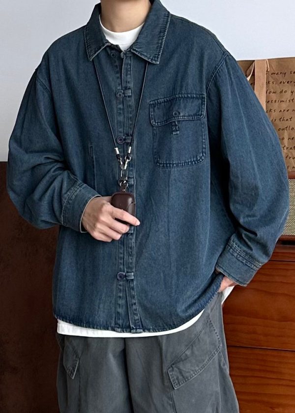 Vintage Blue Button Pockets Oversized Denim Men Coat Spring - Image 5