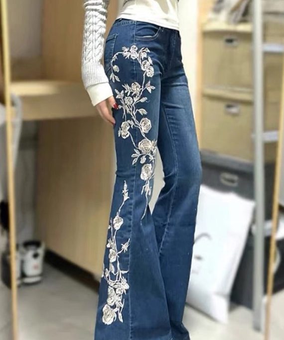 Vintage Blue Embroidered Pockets Denim Flared Trousers Spring