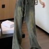 Vintage Blue Lace Up Pockets Denim Pants Spring
