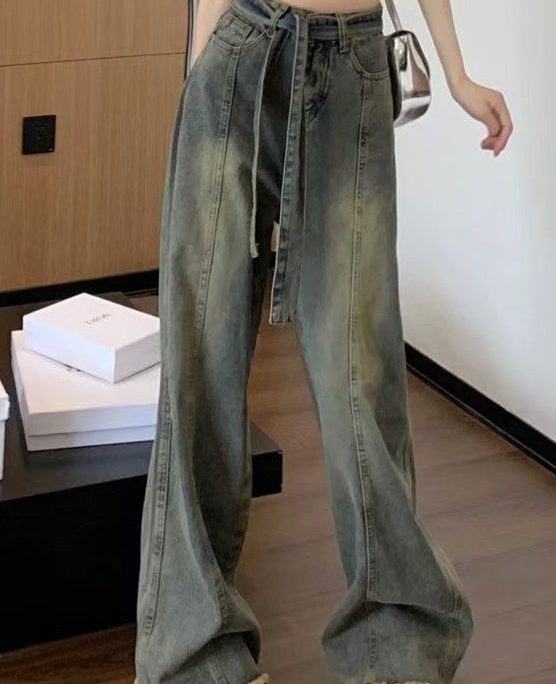 Vintage Blue Lace Up Pockets Denim Pants Spring
