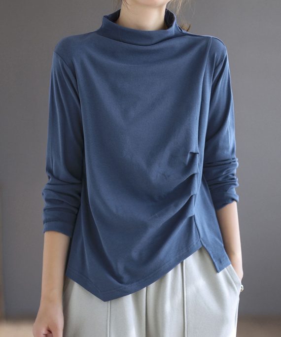 Vintage Blue Turtleneck asymmetrical design Patchwork Fall Tops