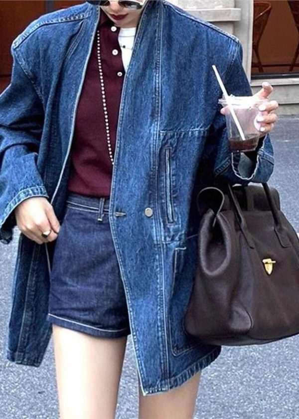 Vintage Blue V Neck Button Pockets Denim Coat Spring - Image 2