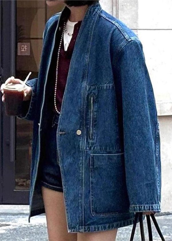 Vintage Blue V Neck Button Pockets Denim Coat Spring - Image 3