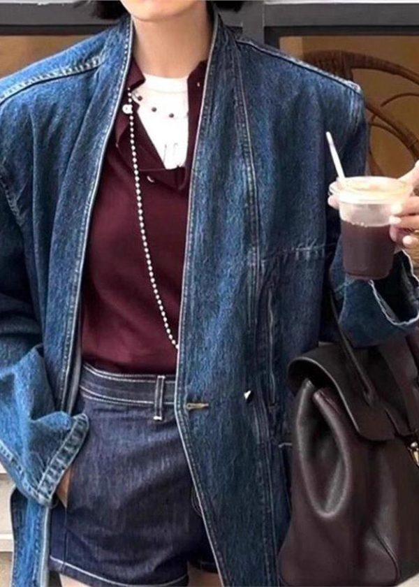 Vintage Blue V Neck Button Pockets Denim Coat Spring - Image 4