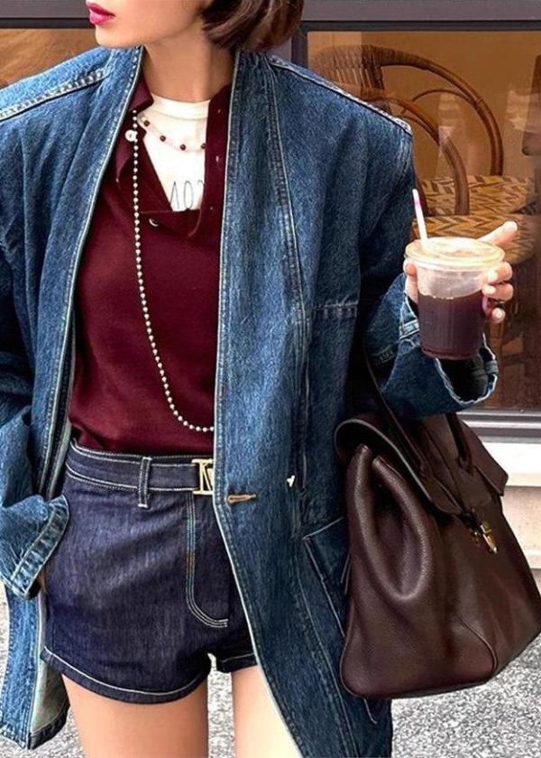 Vintage Blue V Neck Button Pockets Denim Coat Spring - Image 5