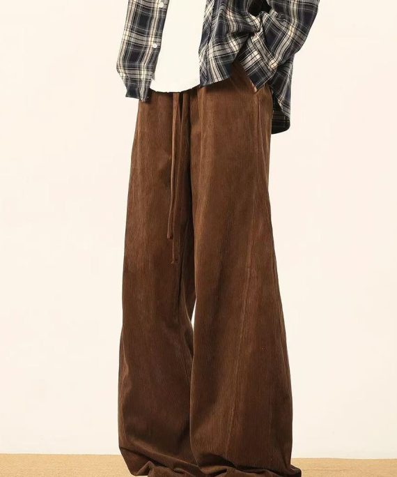 Vintage Brown Lace Up Solid Corduroy Pants Men Spring