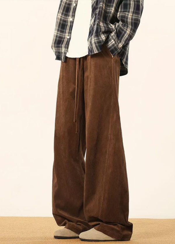 Vintage Brown Lace Up Solid Corduroy Pants Men Spring