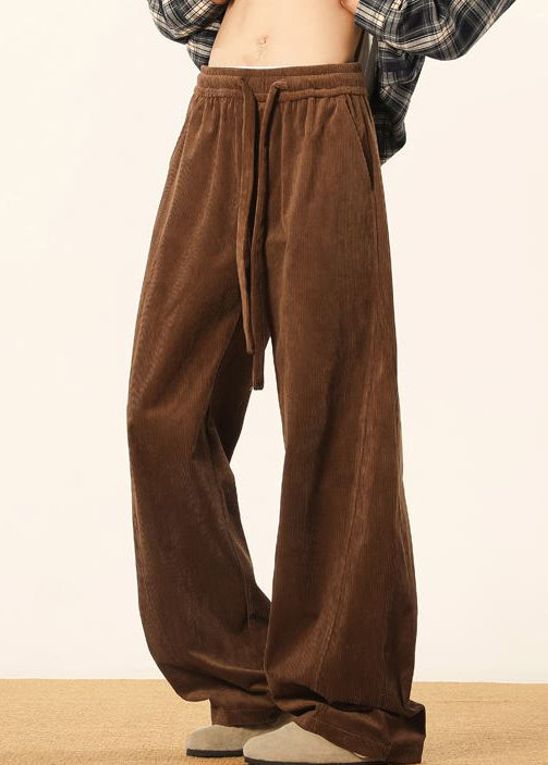 Vintage Brown Lace Up Solid Corduroy Pants Men Spring - Image 3