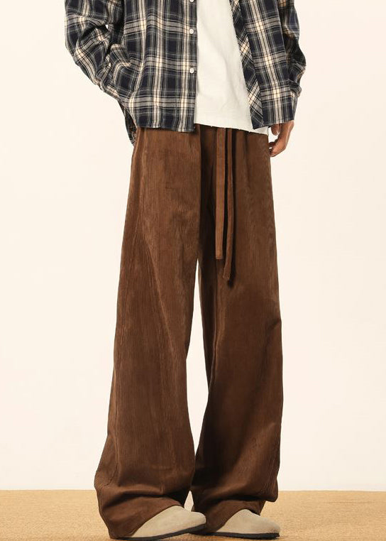 Vintage Brown Lace Up Solid Corduroy Pants Men Spring - Image 4