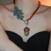 Vintage Coffee Alloy Zircon Crystal Leaves Pendant Necklace