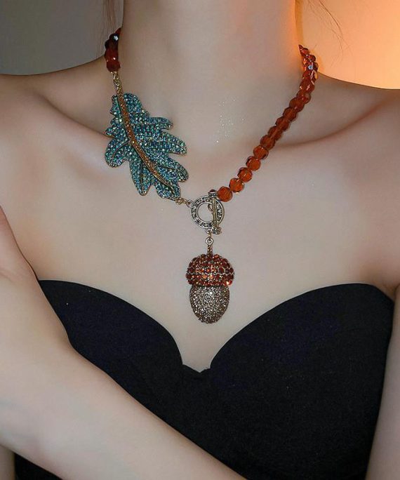 Vintage Coffee Alloy Zircon Crystal Leaves Pendant Necklace