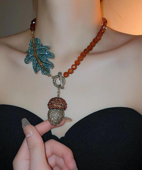Vintage Coffee Alloy Zircon Crystal Leaves Pendant Necklace - Image 2