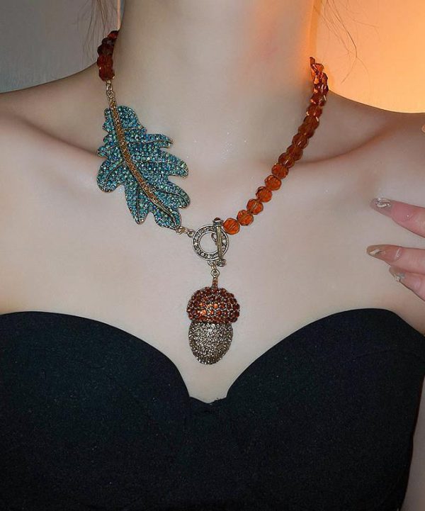 Vintage Coffee Alloy Zircon Crystal Leaves Pendant Necklace - Image 3
