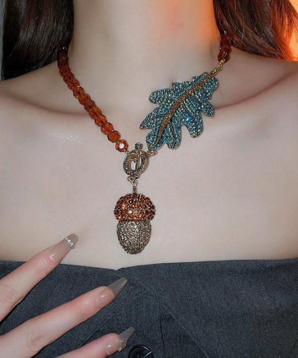 Vintage Coffee Alloy Zircon Crystal Leaves Pendant Necklace - Image 4