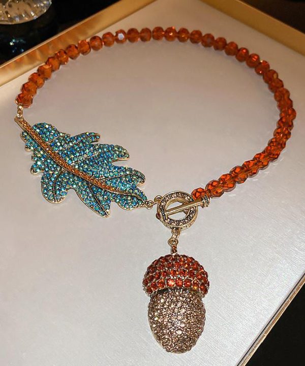 Vintage Coffee Alloy Zircon Crystal Leaves Pendant Necklace - Image 5