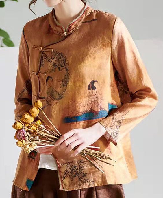 Vintage Chocolate O-Neck Button Print Tops Long sleeve