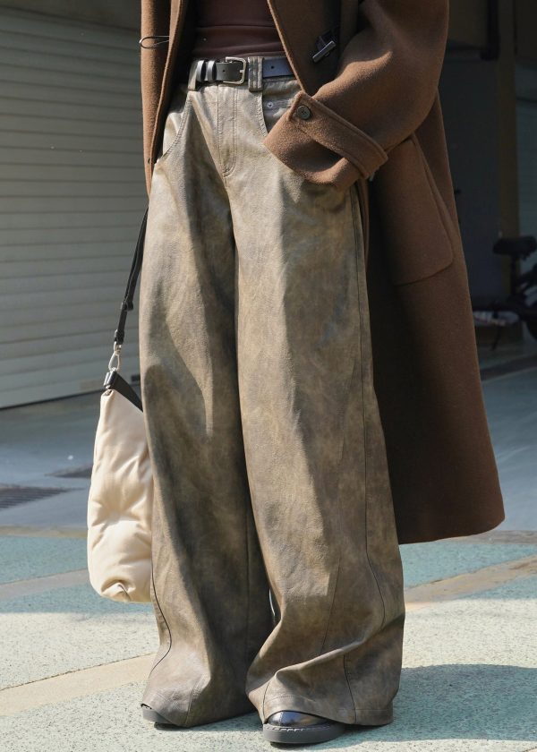 Vintage Coffee Pockets High Waist Faux Leather Wide Leg Pants Spring - Image 4
