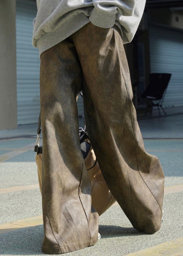Vintage Coffee Pockets High Waist Faux Leather Wide Leg Pants Spring - Image 5