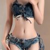 Vintage Denim BluePatchwork Tie Waist Lingerie Set