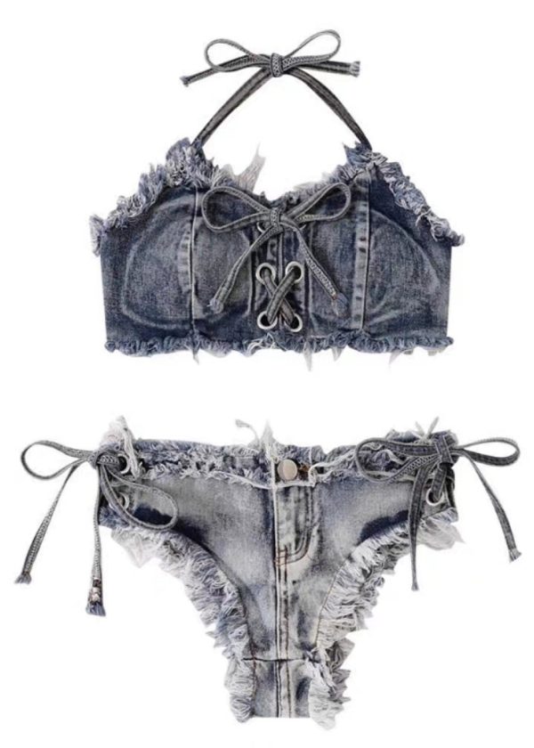 Vintage Denim BluePatchwork Tie Waist Lingerie Set - Image 5