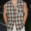 Vintage Green Peter Pan Collar Plaid Cotton Men Tank Sleeveless