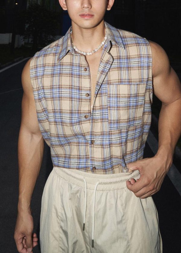 Vintage Green Peter Pan Collar Plaid Cotton Men Tank Sleeveless - Image 2