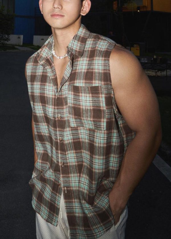 Vintage Green Peter Pan Collar Plaid Cotton Men Tank Sleeveless - Image 4