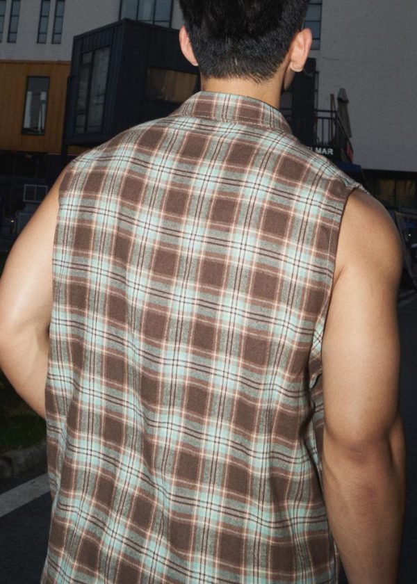 Vintage Green Peter Pan Collar Plaid Cotton Men Tank Sleeveless - Image 5