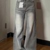 Vintage Grey Pockets High Waist Denim Wide Leg Pants Fall