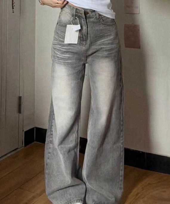 Vintage Grey Pockets High Waist Denim Wide Leg Pants Fall