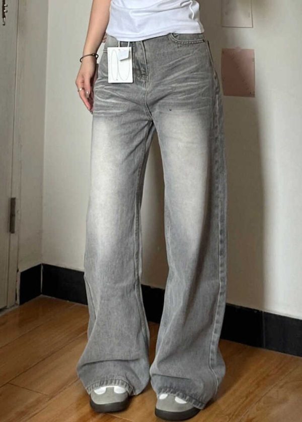 Vintage Grey Pockets High Waist Denim Wide Leg Pants Fall - Image 2