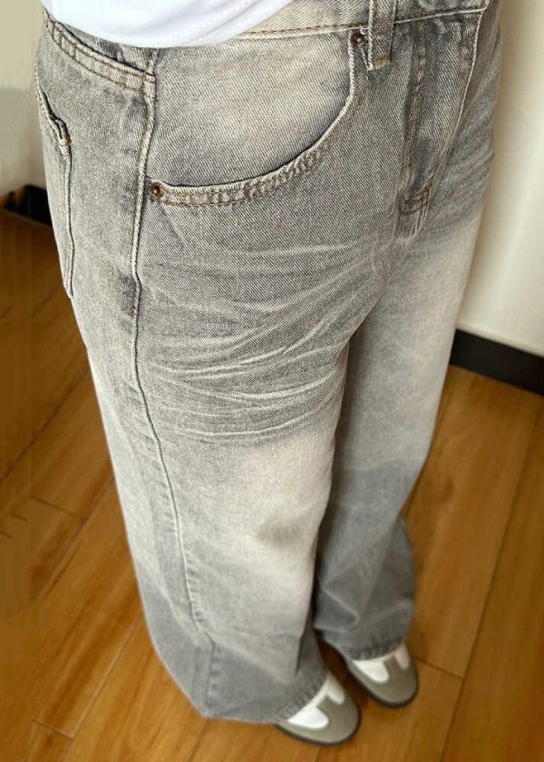 Vintage Grey Pockets High Waist Denim Wide Leg Pants Fall - Image 3